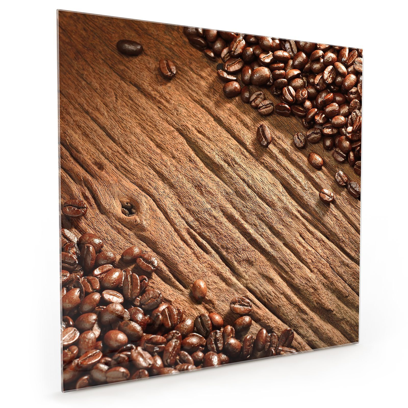 Küchenrückwand Kaffeebohnen mit Glas Holz Motiv auf Küchenrückwand Primedeco Spritzschutz