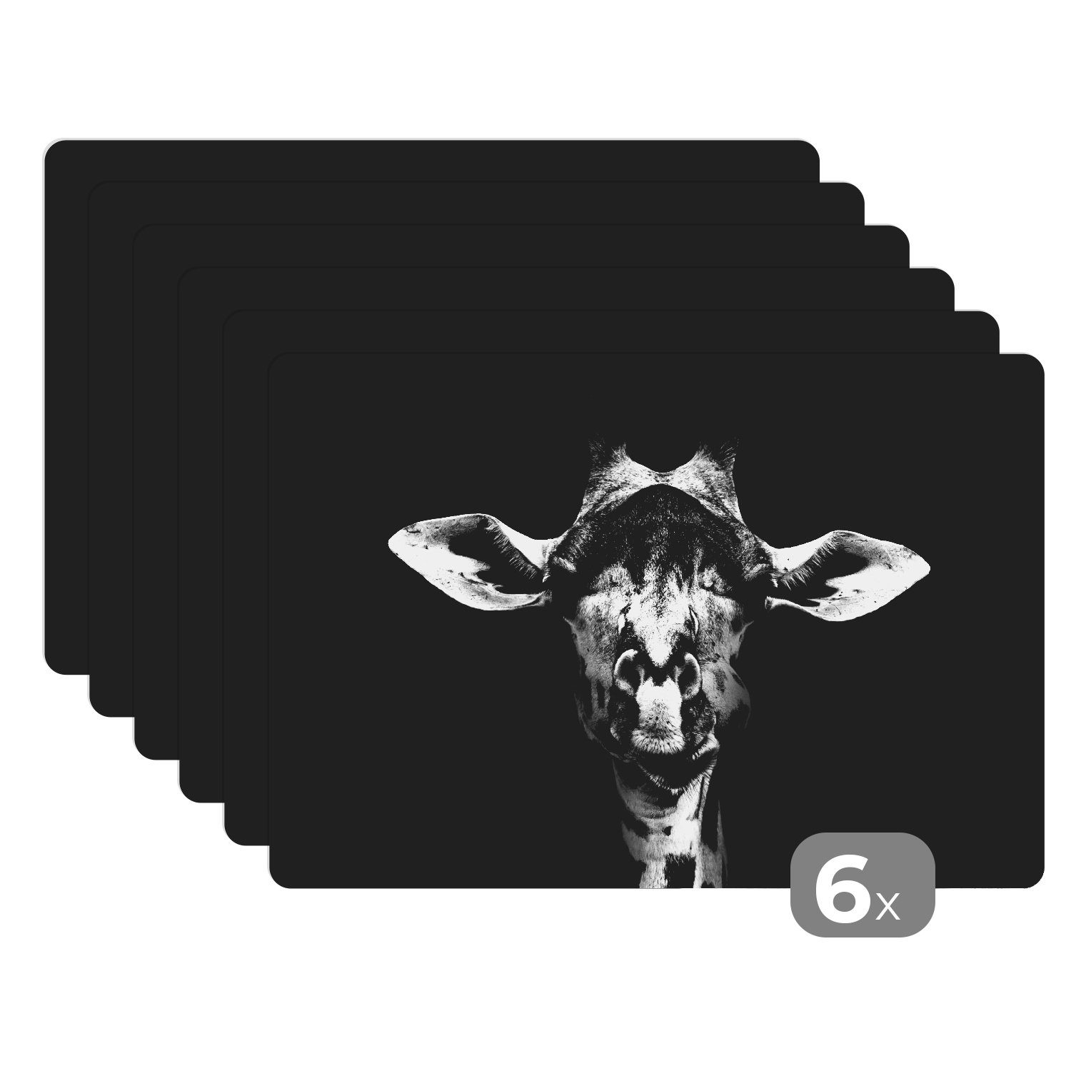 Platzset, - Platzset, MuchoWow, - Schwarz, Tiere - Platzmatte, Schmutzabweisend Platzdecken, Giraffe Porträt Tischmatten, (6-St),
