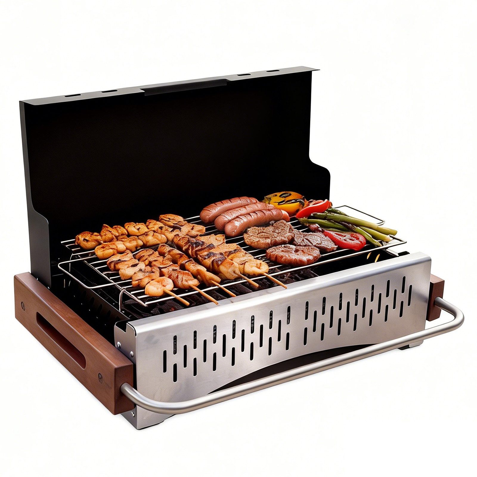 HOMAVO Holzkohlegrill Camping, tragbar & klappbar, Grillfläche: 38,15 × 20,95 cm, Optionales Grillwerkzeugset, für Camping, Picknick und Garten