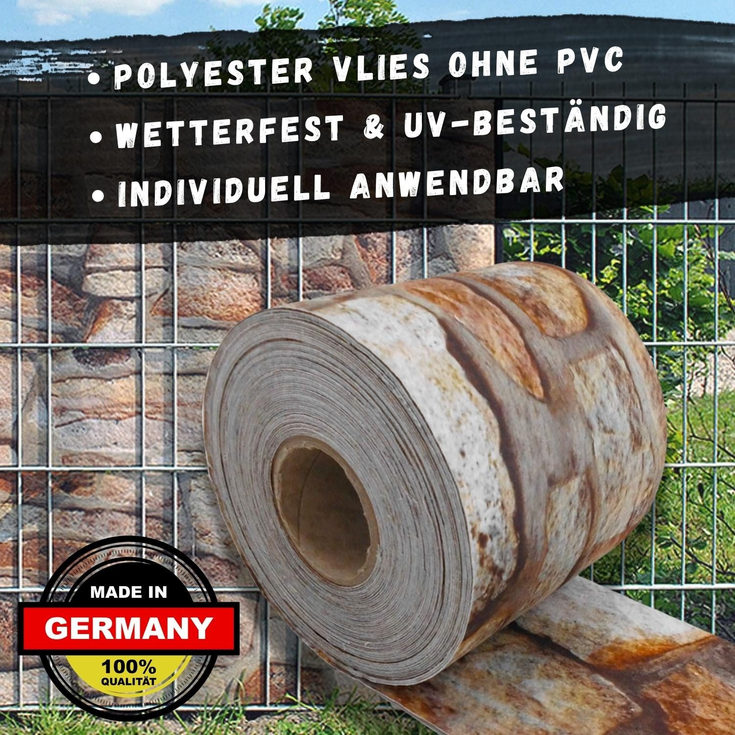 zaunzu Sichtschutzstreifen Holz & Lorbeer - Bedruckter Sichtschutz 2,5m x 1,8m, (1 Rolle, Motivdruck Sichtschutzstreifen), Fotodruck für Doppelstabgitter