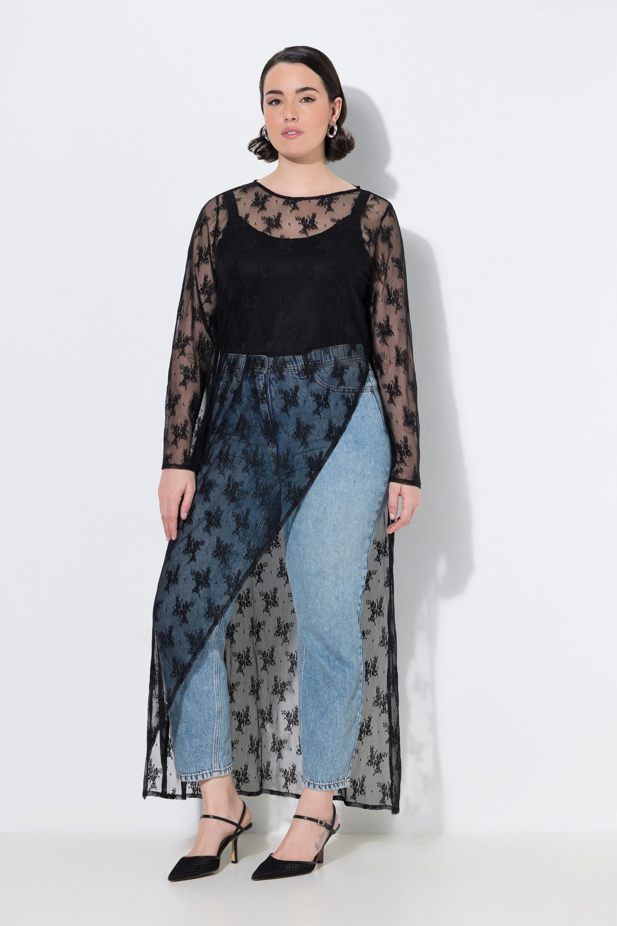 Ulla Popken Maxikleid Maxikleid Spitze A-Linie Rundhals