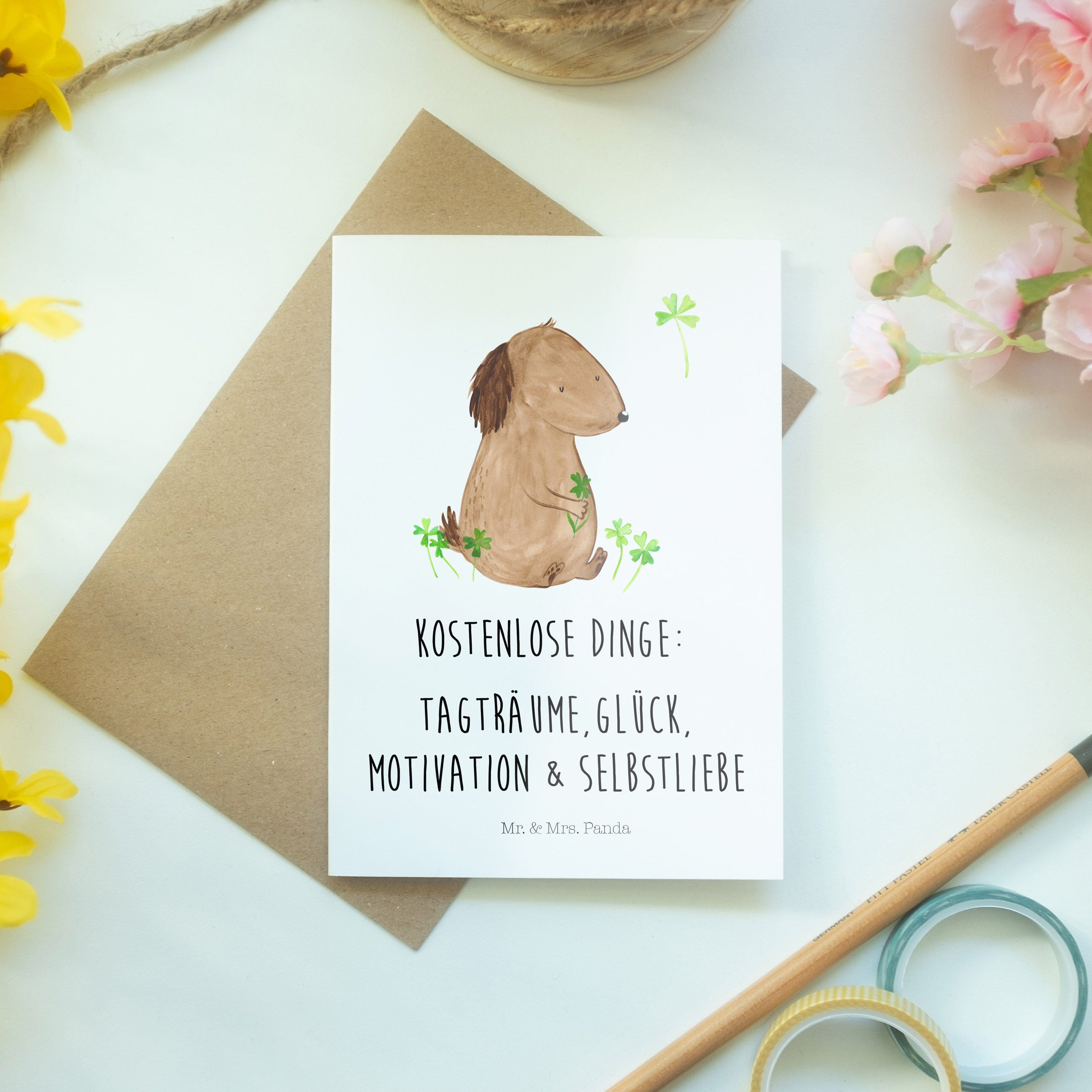 Panda - Mrs. Hund & Mr. Hundemama, Geschenk, Selbstliebe, - flauschig Grußkarte Kleeblatt Weiß