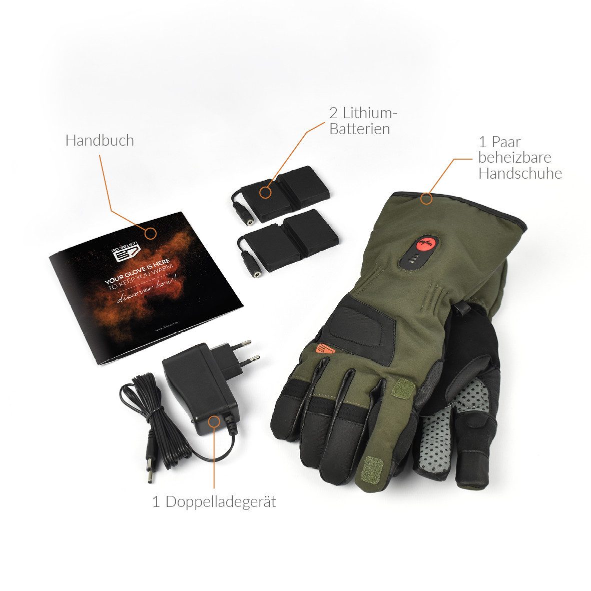 30seven Angelhandschuhe Schießen, Jagd - beheizte Thinsulate Handschuhe - Khaki 7,4V Set inklusive Akku & Ladegerät
