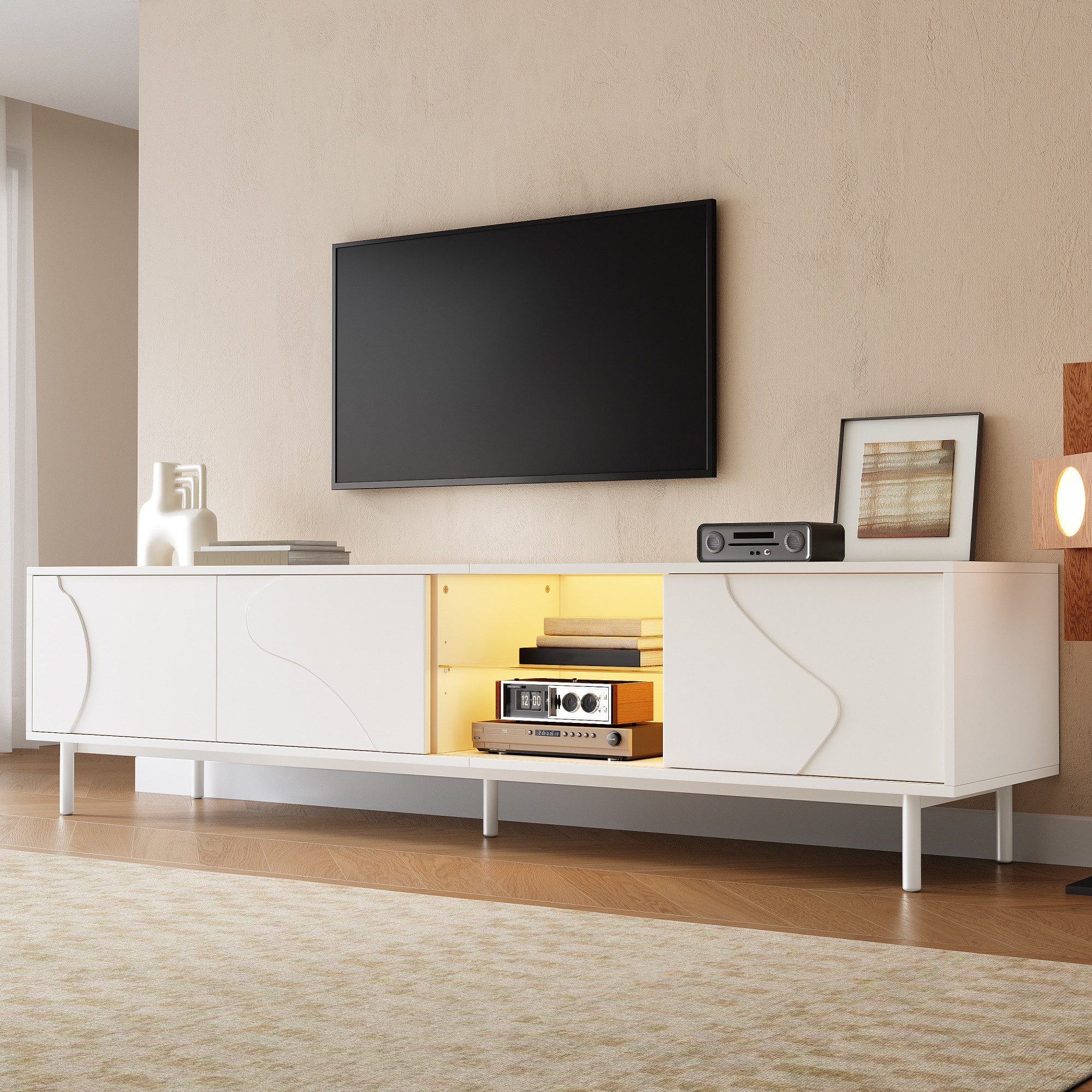 BlingBin TV-Schrank Lowboard Fernsehschrank mit LED Beleuchtung Schiebetüren und Glasboden (1 Packung, 1-St., 3 Schiebetüren, herausnehmbarem Ablage,Kabeldurchlass und Metallfüßen) Fernsehtisch Wohnzimmer Staurschrank Modern für Schlafzimmer Esszimmer