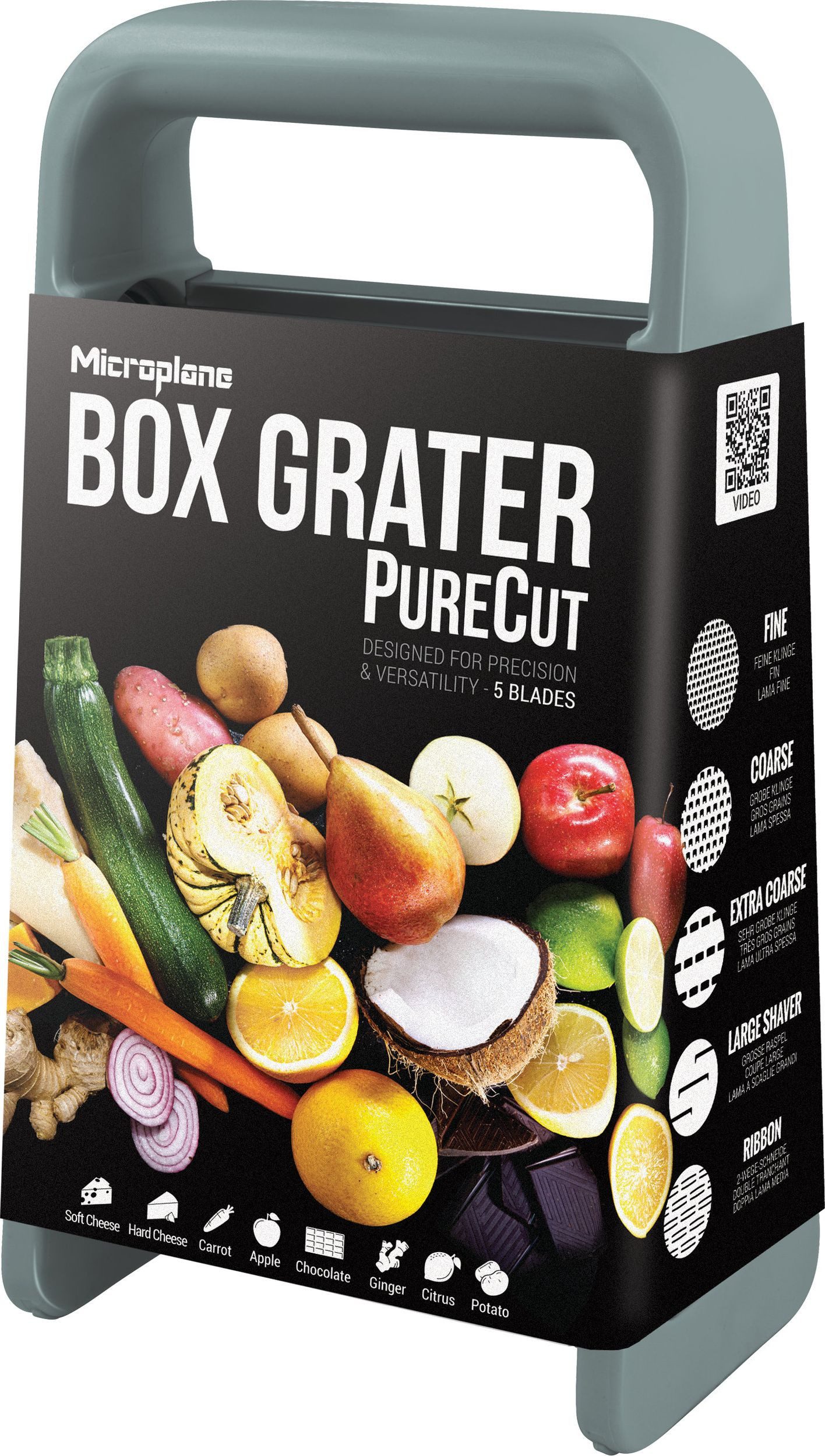 Microplane Küchenreibe Box Grater / Vierkantreibe PureCut – 5-in-1 – Eucalyptus Green 34742