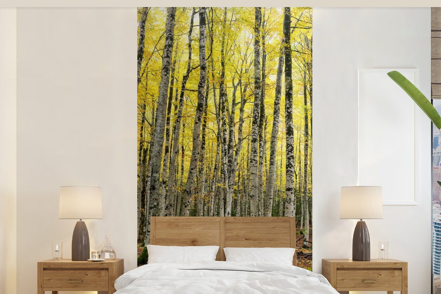 MuchoWow Fototapete Wald - Bäume Fototapete (2 Vliestapete St), bedruckt, Gelb, Matt, für Schlafzimmer Küche, Wohnzimmer 