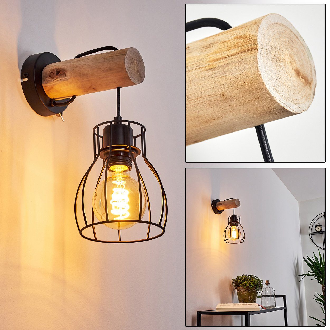 hofstein Wandleuchte »Aprica« Wandlampe aus Metall/Holz in Schwarz/Natur, ohne Leuchtmittel, E27, moderner Wandspot in Gitter-Optik m. An-/ Ausschalter am Gehäuse | Wandleuchten