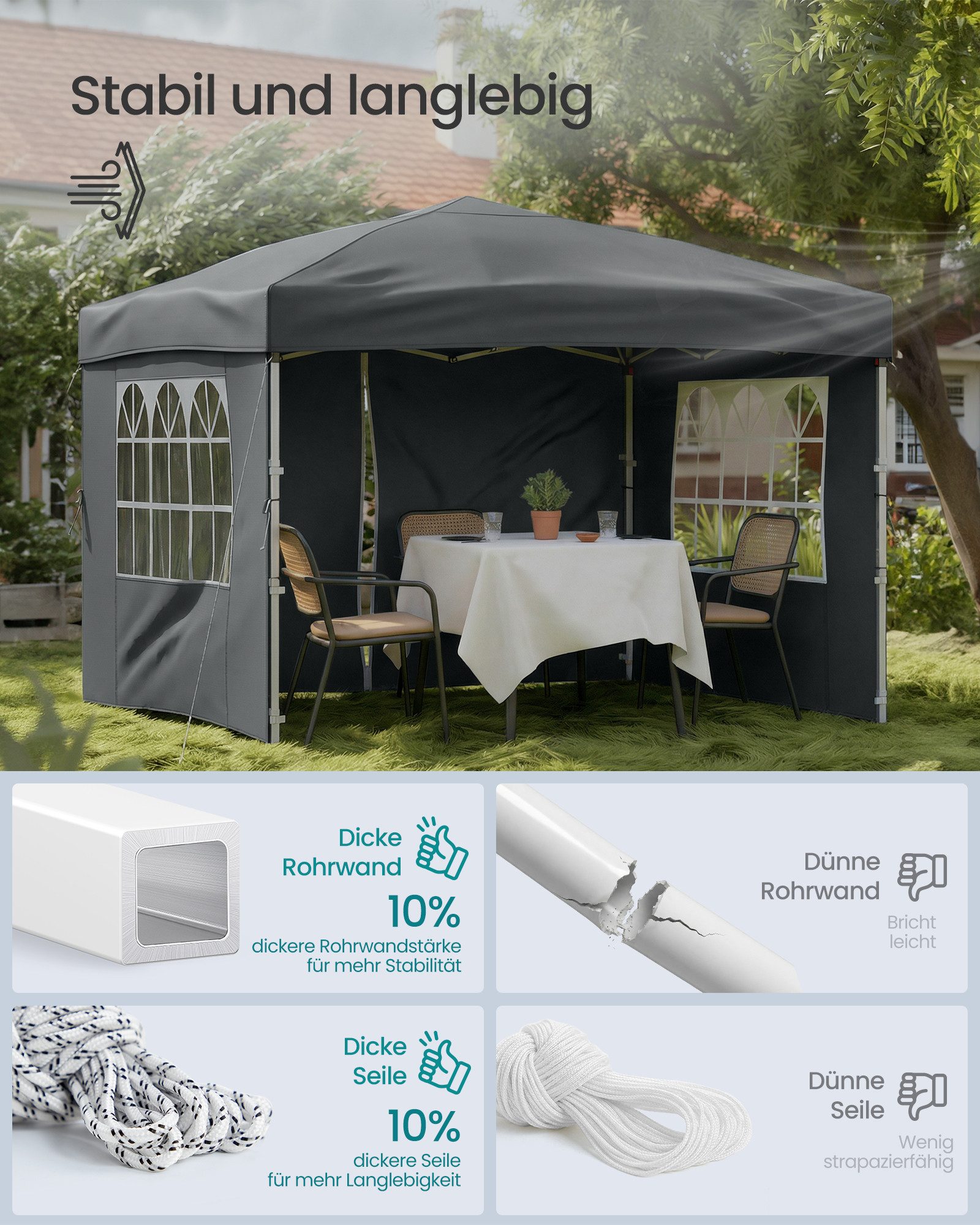 SONGMICS Pavillon 3m/6m x 3m Pavillon mit 4 Seitenteilen,für Garten, mit 4 Seitenteilen, Faltzelt Seitenwänden, stabil, tragbar, Hof, Markt, Sonnenschutz