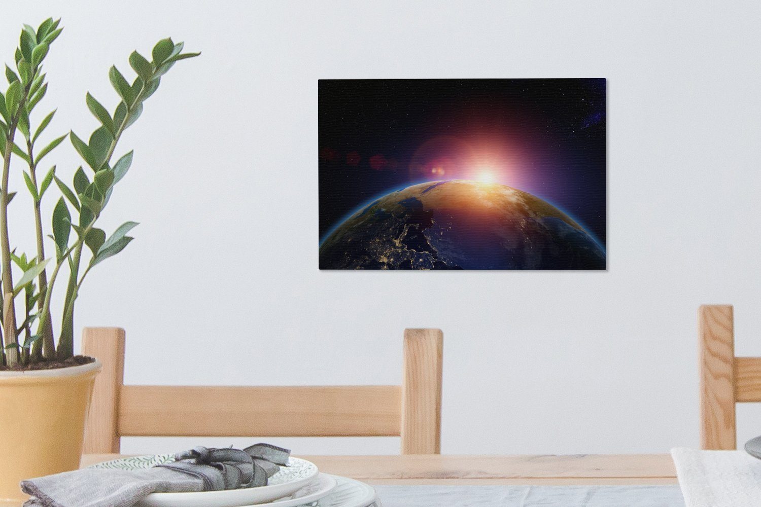 OneMillionCanvasses® Leinwandbild Erde - Sonne Aufhängefertig, Weltraum, - (1 Wandbild Leinwandbilder, Universum 30x20 Wanddeko, - St), cm