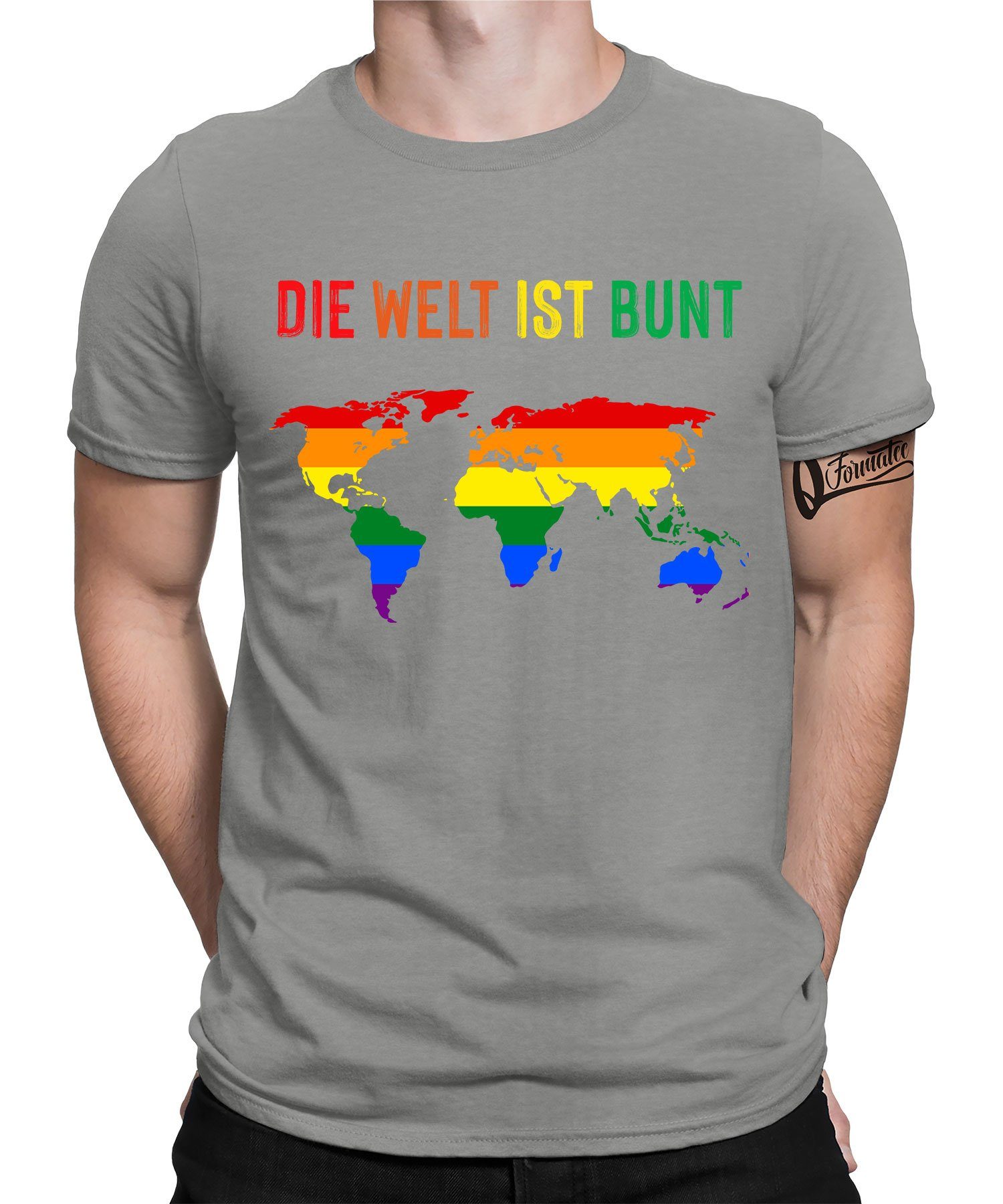 Herren Bunt Welt T-Shirt - ist LGBT Pride Kurzarmshirt Gay (1-tlg) Heather Quattro Regenbogen Formatee Stolz Grau