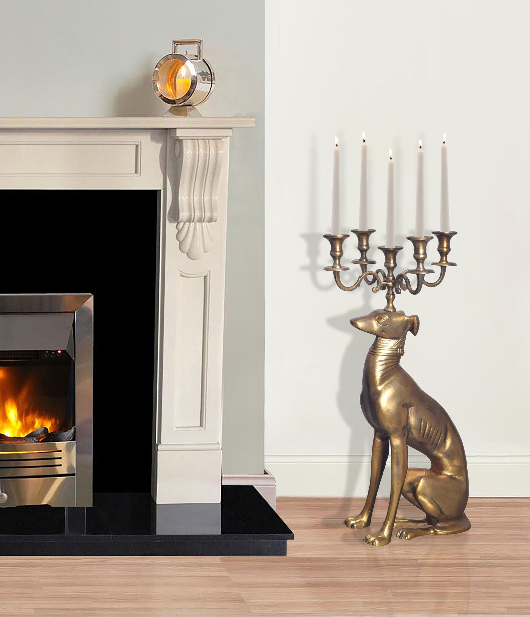 FINEBUY Kerzenständer (Kerzenständer Hund, 5-armiger Kerzenleuchter), Kerzenhalter Windhund Aluminium Gold 69 cm Modern