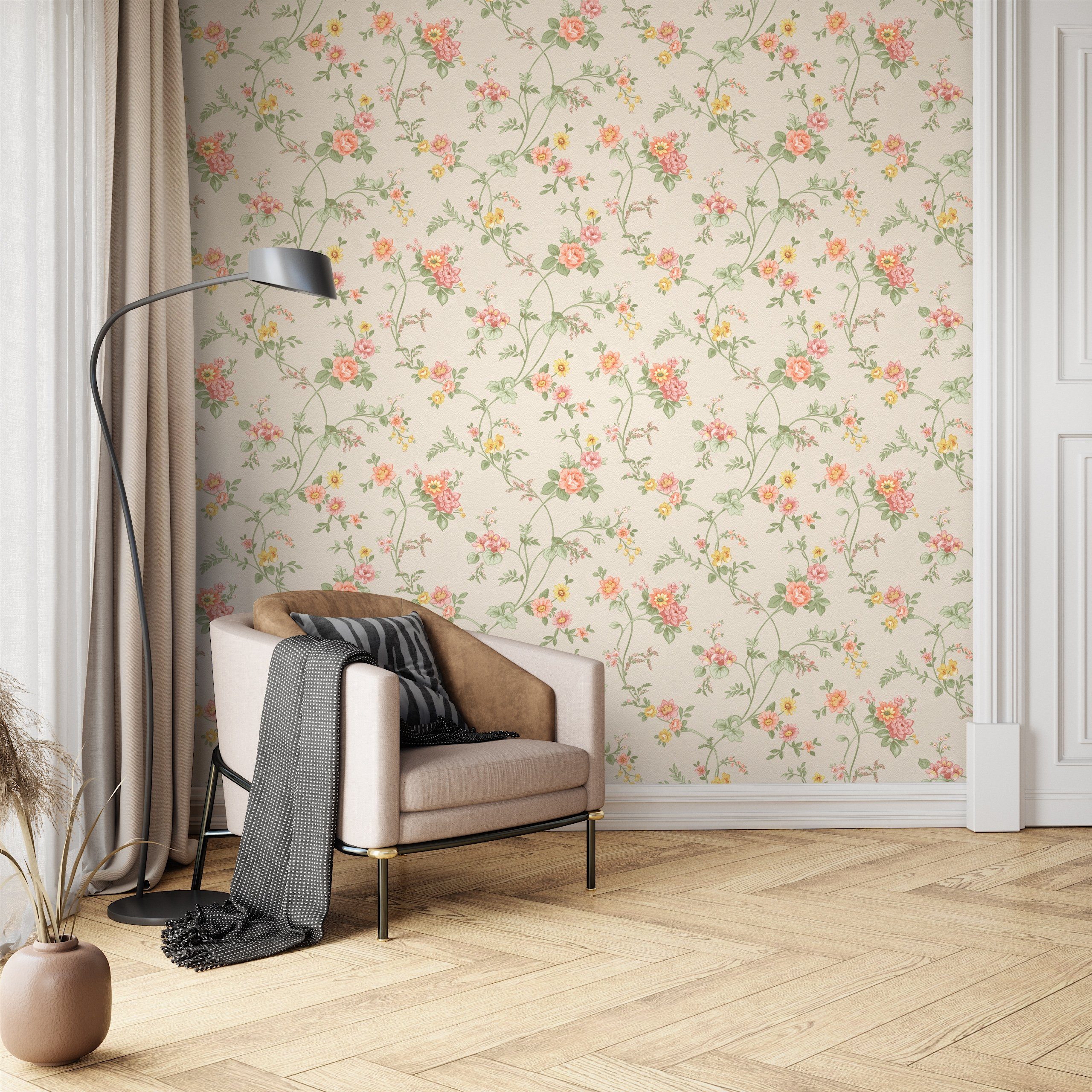 Newroom Vliestapete Romy Tapete Blumentapete Blumen,Blüten,Wiese, Weiß Tapete Landhaus Blumen - Blumentapete Blau Rot Romantisch Floral Blüten Wiese für Wohnzimmer Schlafzimmer Büro, modern