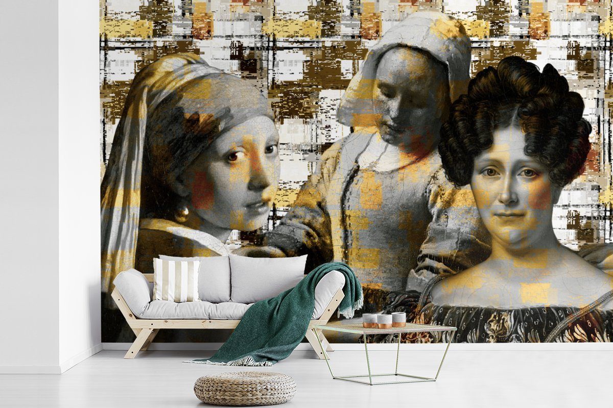 MuchoWow Fototapete Collage Matt, - bedruckt, Vinyl - für Wohnzimmer, Mondrian Wallpaper Gold, Kinderzimmer, Schlafzimmer, Tapete St), (6