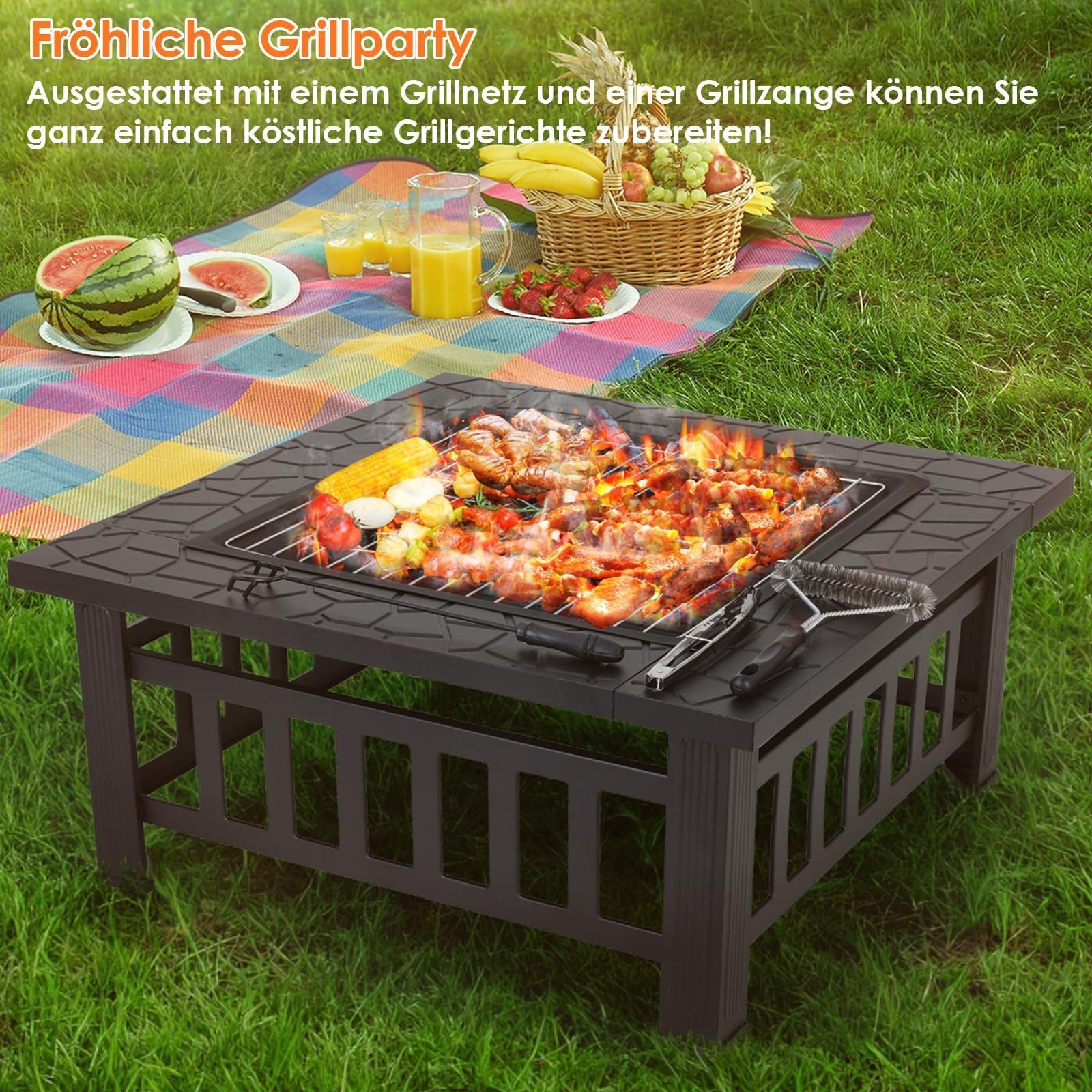 TLGREEN Feuerschale 3 in 1 - Gartenfeuerstelle mit Grill & Funkenschutz, (81x81x45cm Robuste Eisenfeuerschale, für Terrasse/Winter/Party), Feuerschalen für den Garten, mit Grillrost & Wasserfeste Abdeckung