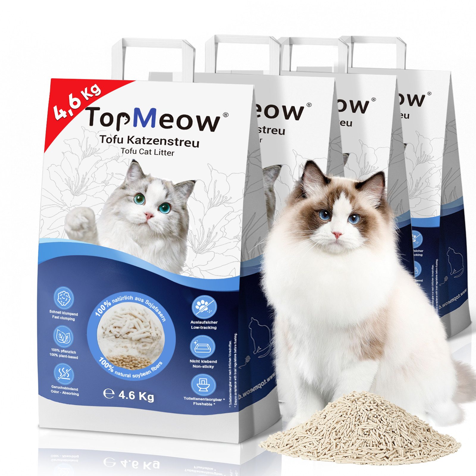 TopMeow Katzenstreu klumpend 18,4 kg, 100 % pflanzliche Tofu Katzenstreu (4-tlg), 3-Sekunden Schnellklumpen, staubarm & starke Geruchsbindung