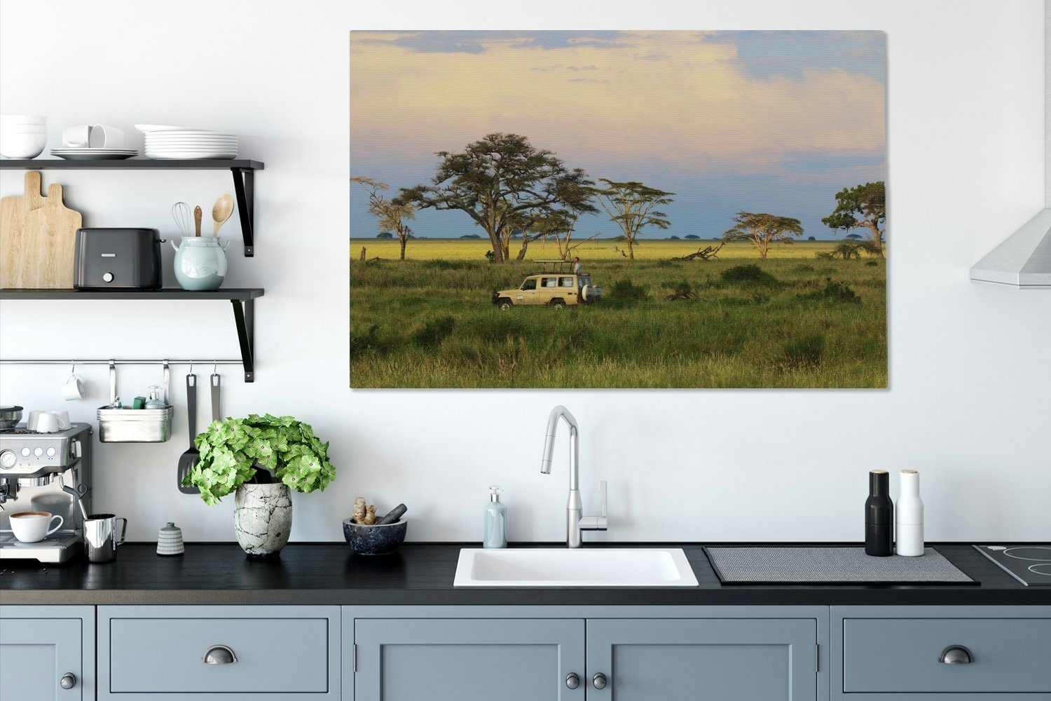 in Leinwandbild (1 großes, St), Serengeti-Nationalpark cm Afrika, Gemälde, Safari-Auto für OneMillionCanvasses® Wandbild 120x80 alle XXL, durch Wohnbereiche, den im Fahrt