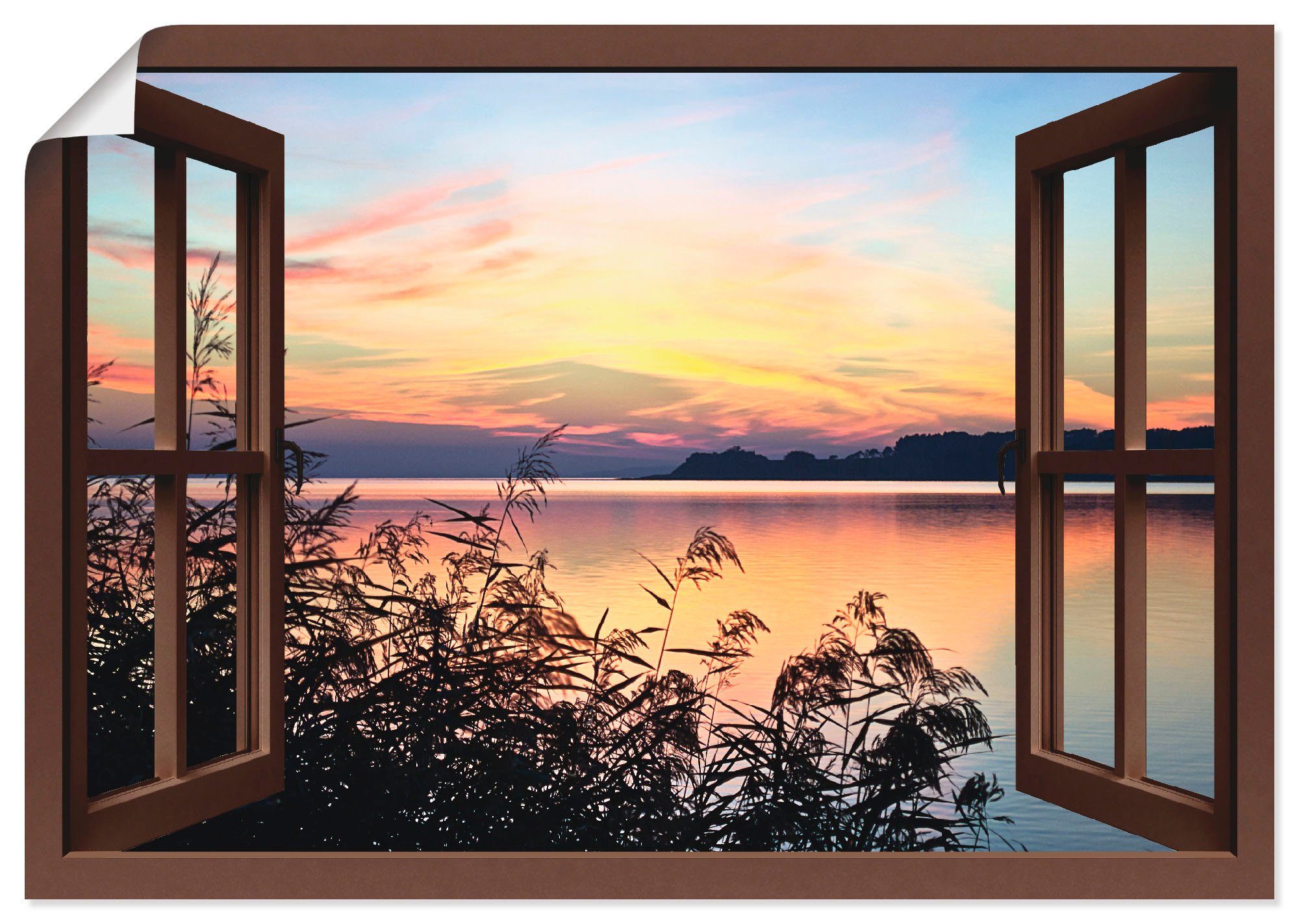 Artland Wandbild Fensterblick - Abendrot im Schilf, Fensterblick (1 St), als Leinwandbild, Wandaufkleber oder Poster in versch. Größen