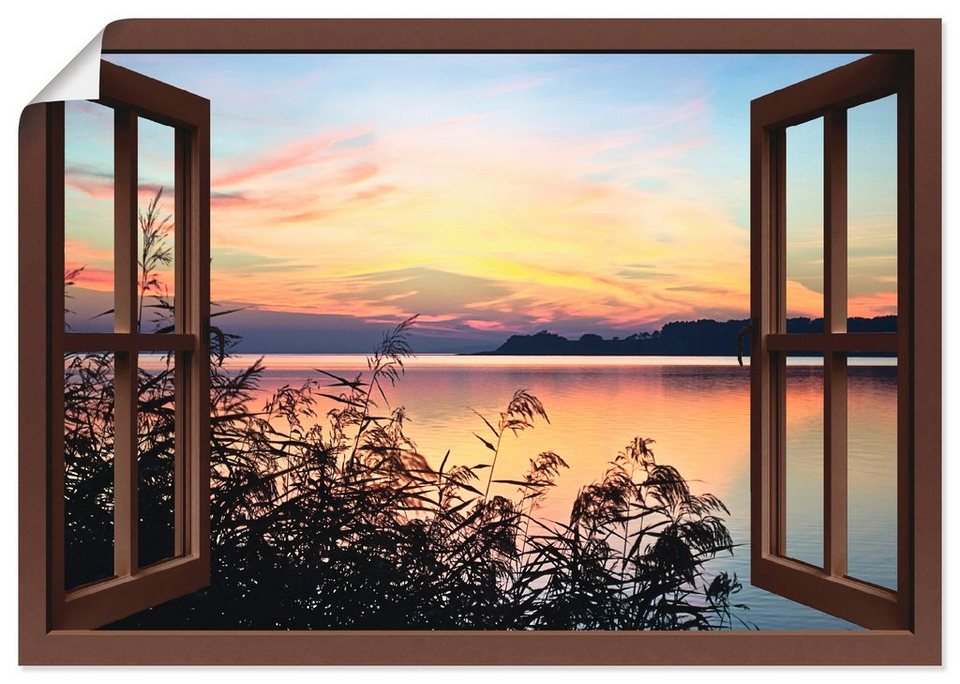 Artland Wandbild Fensterblick - Abendrot im Schilf, Fensterblick (1 St),  als Leinwandbild, Wandaufkleber oder Poster in versch. Größen, Verschiedene  Größen & Produktarten