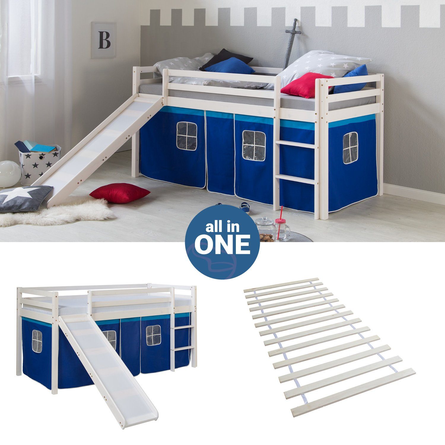 Homestyle4u Hochbett 90x200 mit Vorhang Lattenrost und Rutsche in Weiß 2564 günstig online kaufen