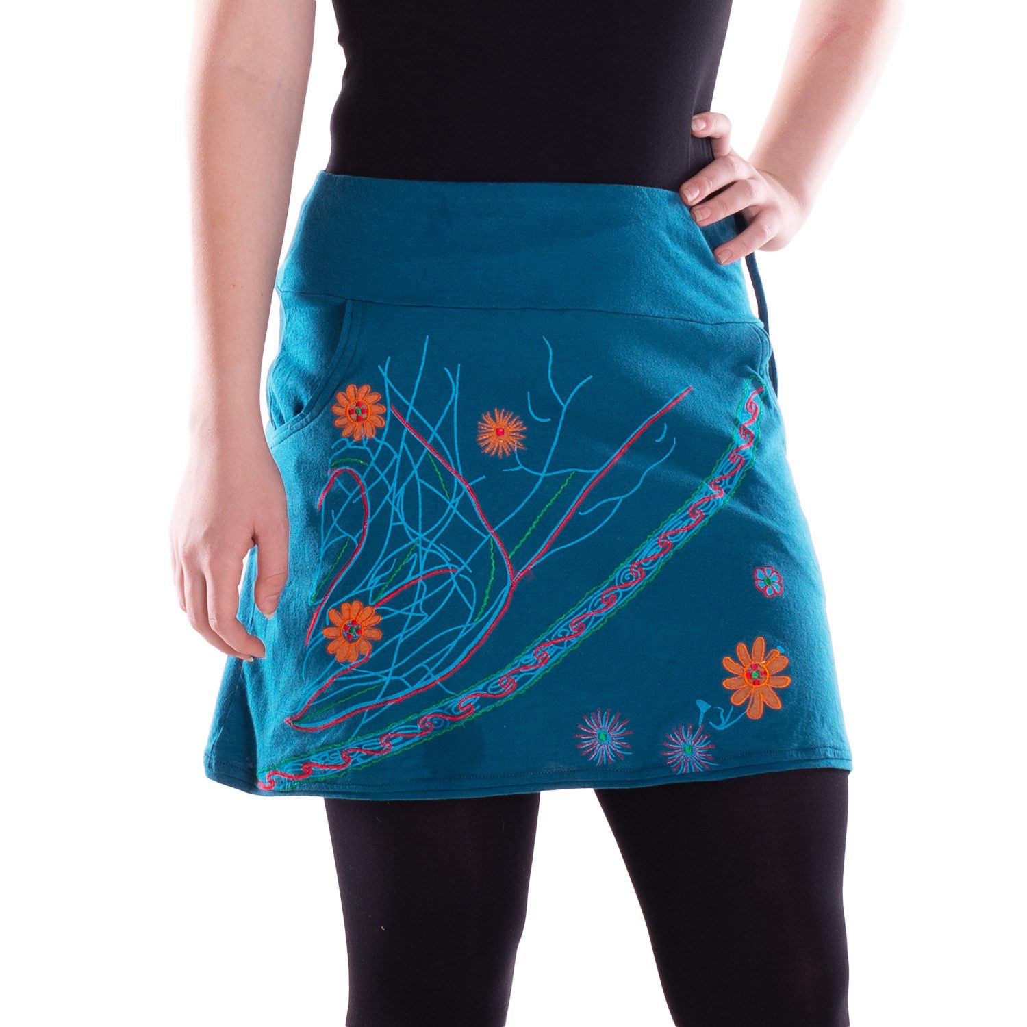 Sommerrock Damen Baumwolle Blumen-Muster elastischer Bund Stickerei Taschen