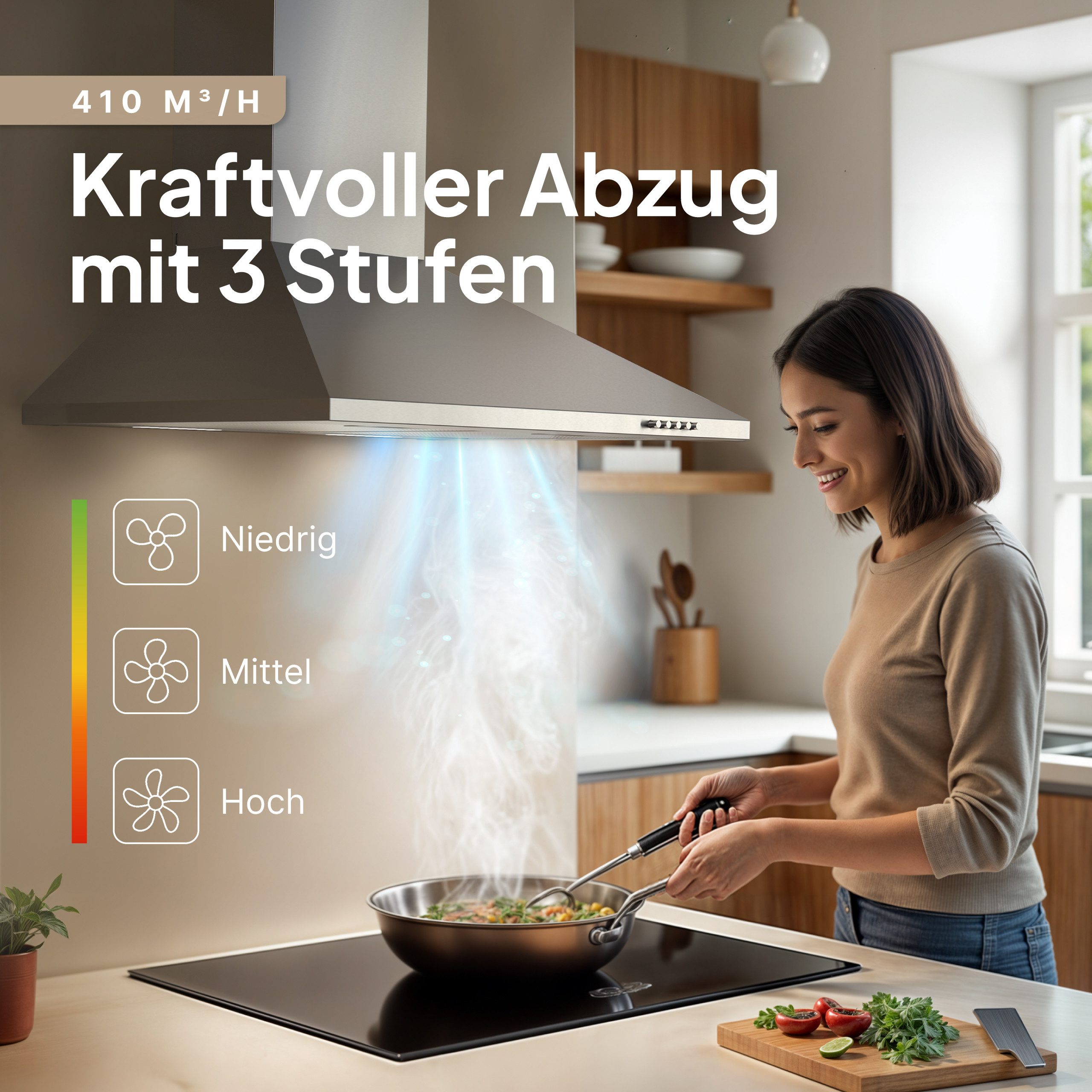 Levivo Wandhaube A+++ 410 m³/h Dunstabzugshaube 60cm und 90cm Umluft & Abluft A+++ 410 m³/h Dunstabzugshaube 60cm und 90cm Umluft & Abluft, Aktivkohlefiltern, Fettfiltern, LED-Beleuchtung