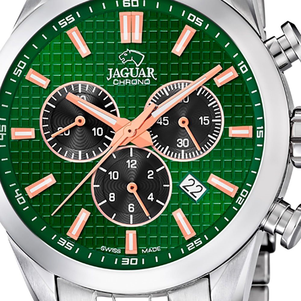 Jaguar groß Herren Sport-St, ACM, 43mm), Edelstahlarmband, Herrenuhr rund, Armbanduhr Edelstahl, (ca. Chronograph JAGUAR Leuchtzeiger