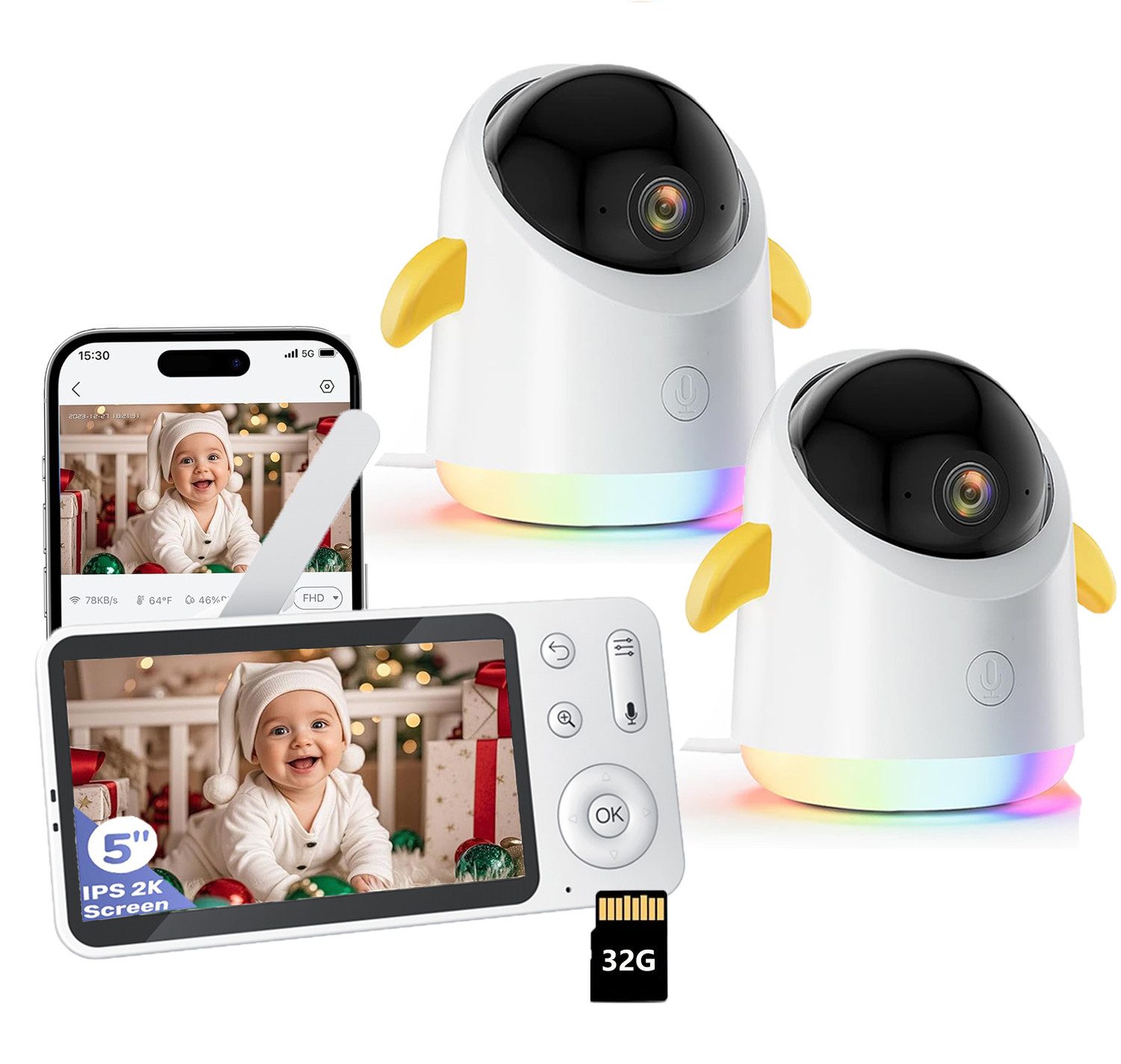 Babyphone 2K/3MP Babyphone mit Kamera und App IR/RBG Nachtsicht mit 32G Karte