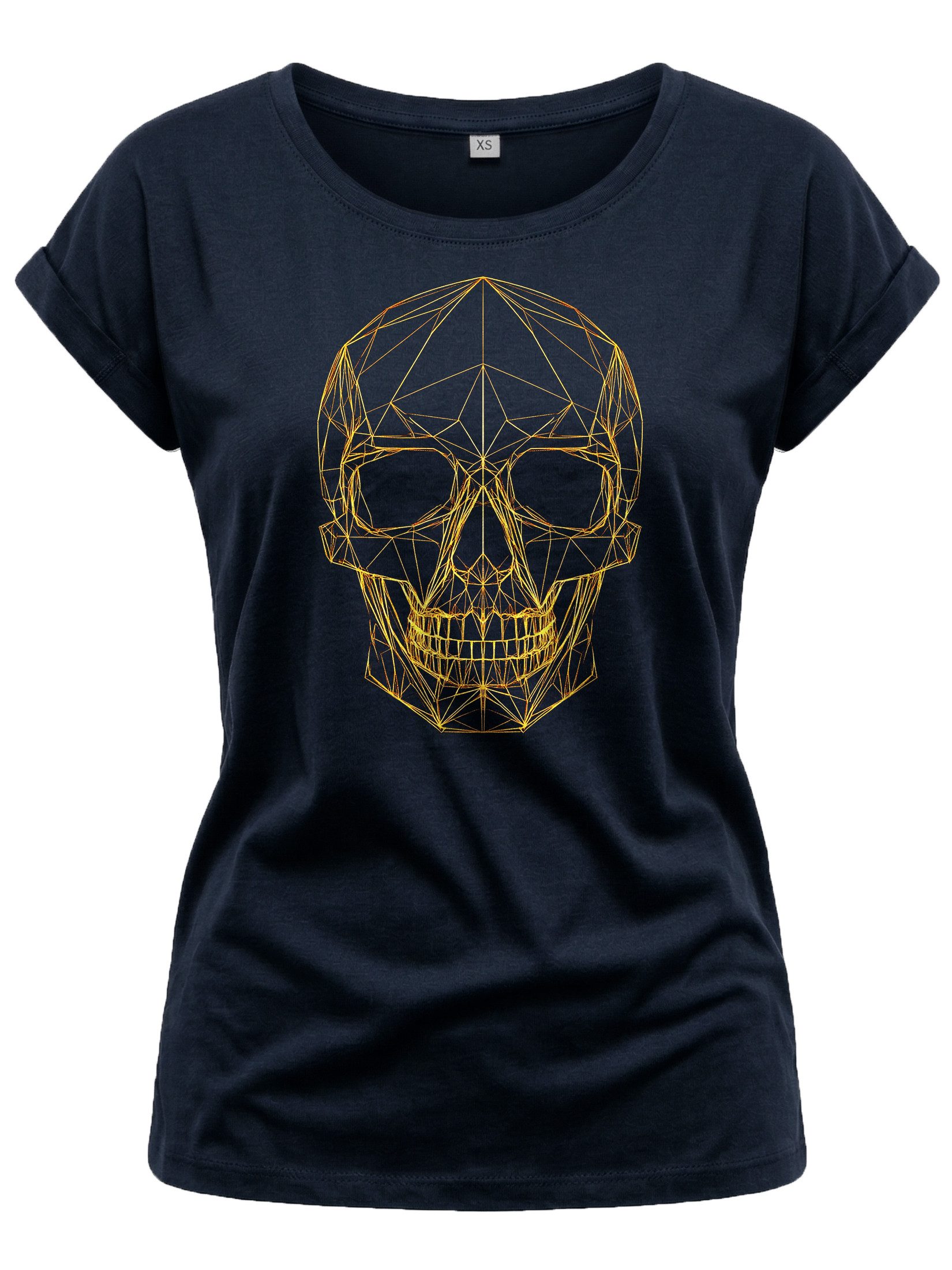 Print-Shirt Totenkopf Damen Tunika Glitzer Outline Elegant Strass Effekt