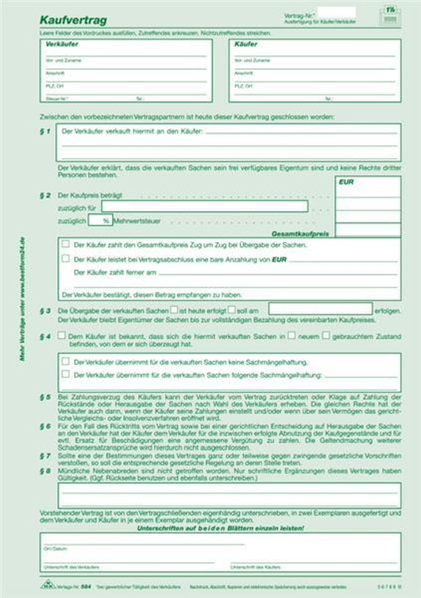 RNK Formularblock RNK Kaufvertrag für Gegenst. aller Art A4 SD 2Bl 10St