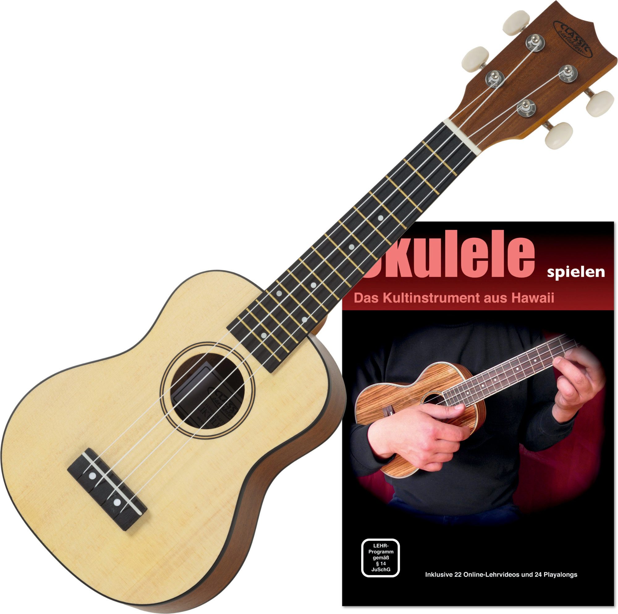 Classic Cantabile Ukulele “Natur”, Sopranukulele, Spar-Set, inkl. Укулелеschule, Aus hochwertigen Tonhölzern gefertigt