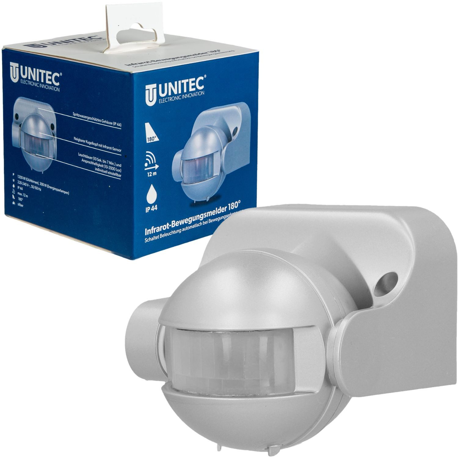 UNITEC Bewegungsmelder Infrarot Aufputz Bewegungsmelder 180° IP44 Silber, (Set, 1-St), Neigbar 12m Wand Sensor Außen Outdoor Melder Wandmontage