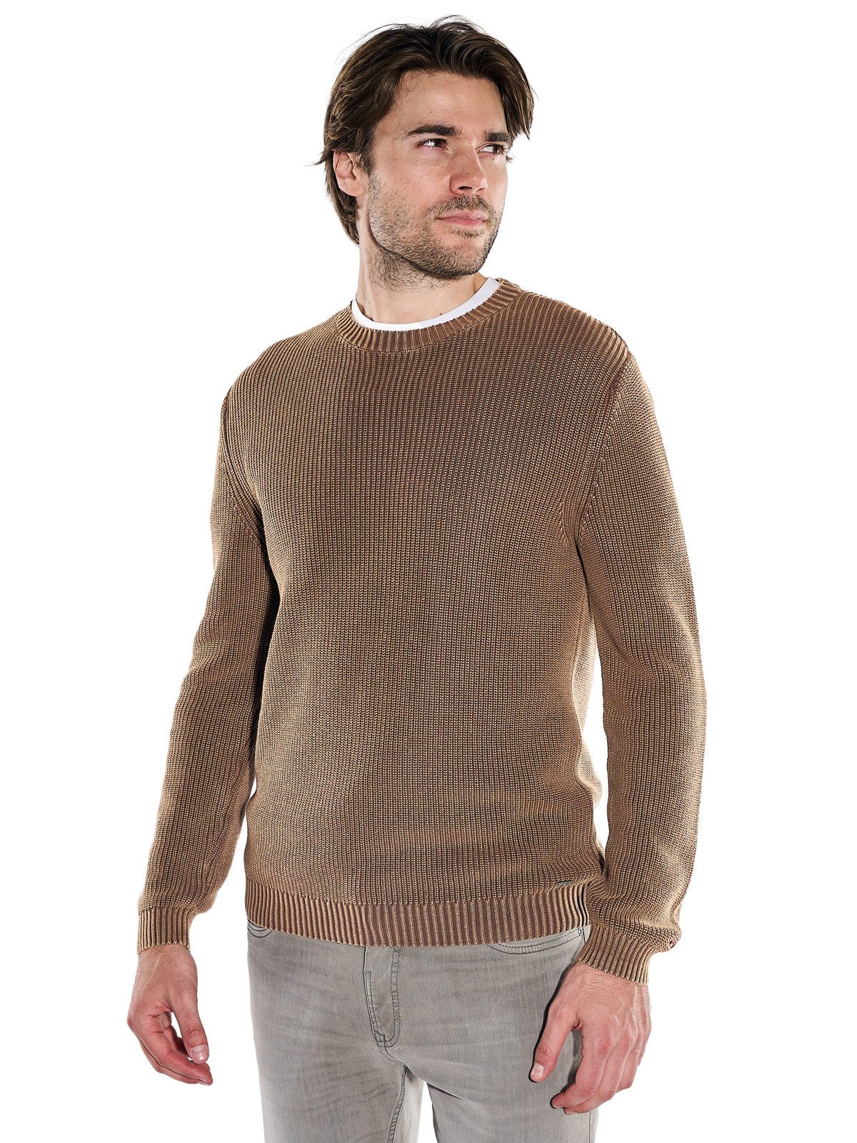 emilio adani Rundhalspullover Herren Strickpullover mit Perlfang-Struktur, Cognac