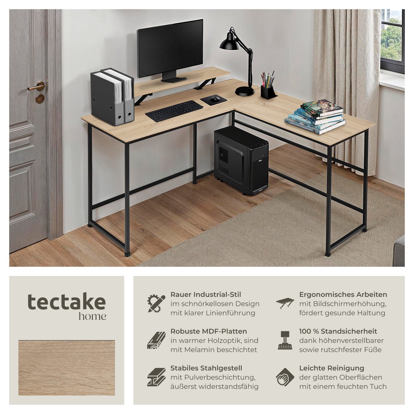 tectake Schreibtisch Melrose (1-St., 1 tlg), Rustikaler Eckschreibtisch im schlichten Industrie-Stil