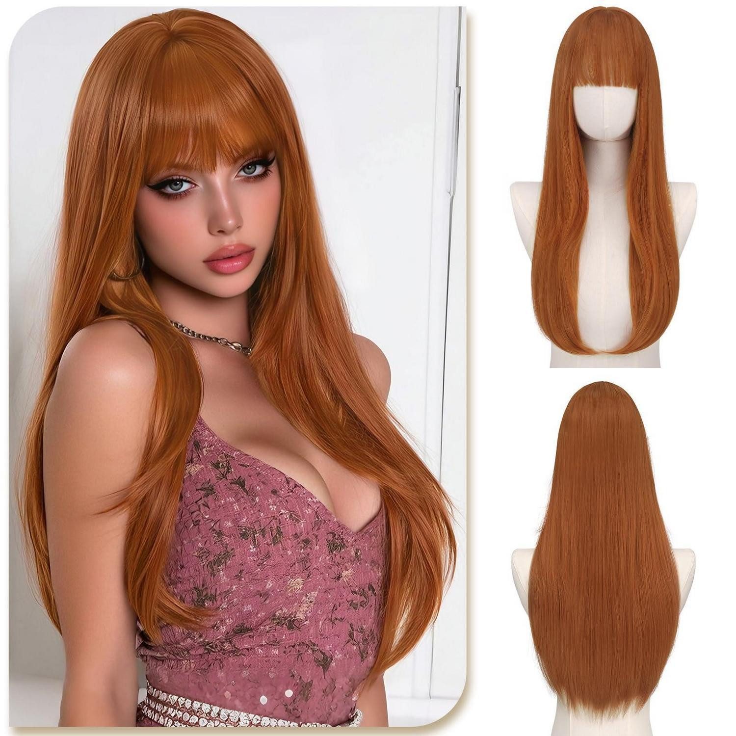 LuxusKollektion Kunsthaarperücke Perücke Damen Synthetik Pony 60 cm Lang Cosplay Orange Rot