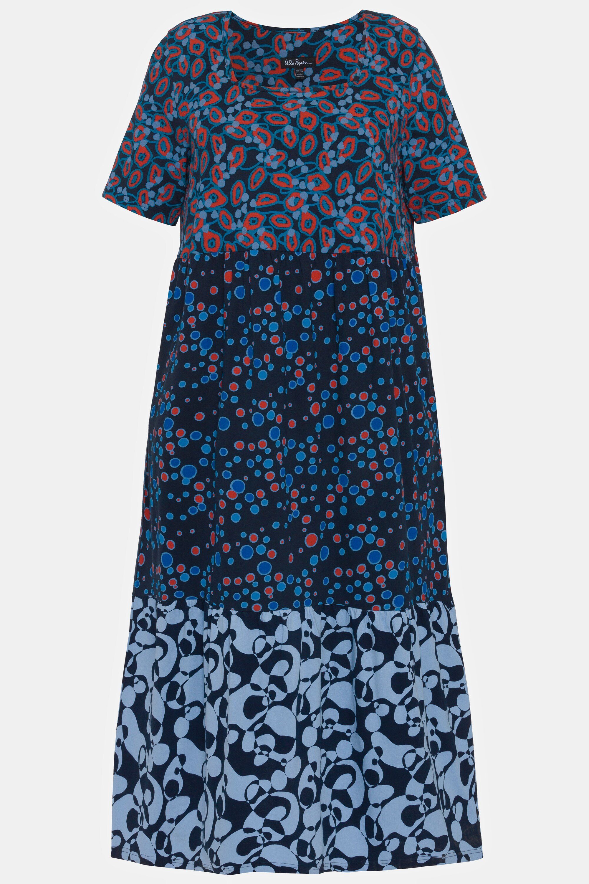 Carree-Ausschnitt Kleid Jerseykleid marine Popken Ulla A-Linie Halbarm Patchdruck