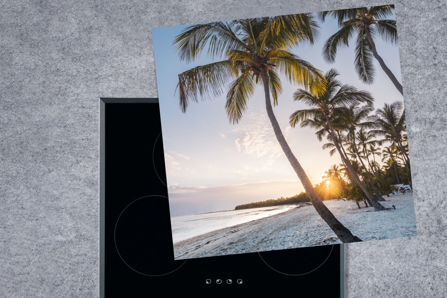 cm, Palme, tlg), für Sonnenuntergang (1 - Strand küche MuchoWow Vinyl, Herdblende-/Abdeckplatte - 78x78 Arbeitsplatte Ceranfeldabdeckung,