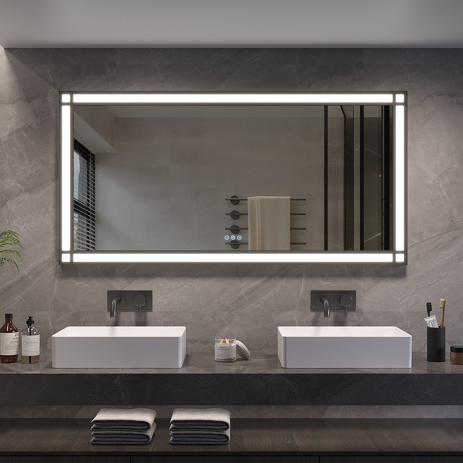 AQUABATOS Wandspiegel Badspiegel mit LED Beleuchtung Wandmontage Lichtspiegel Schminkspiegel, Mit Aluminiumrahmen mattschwarz Antibeschlag Touchschalter Dimmbar