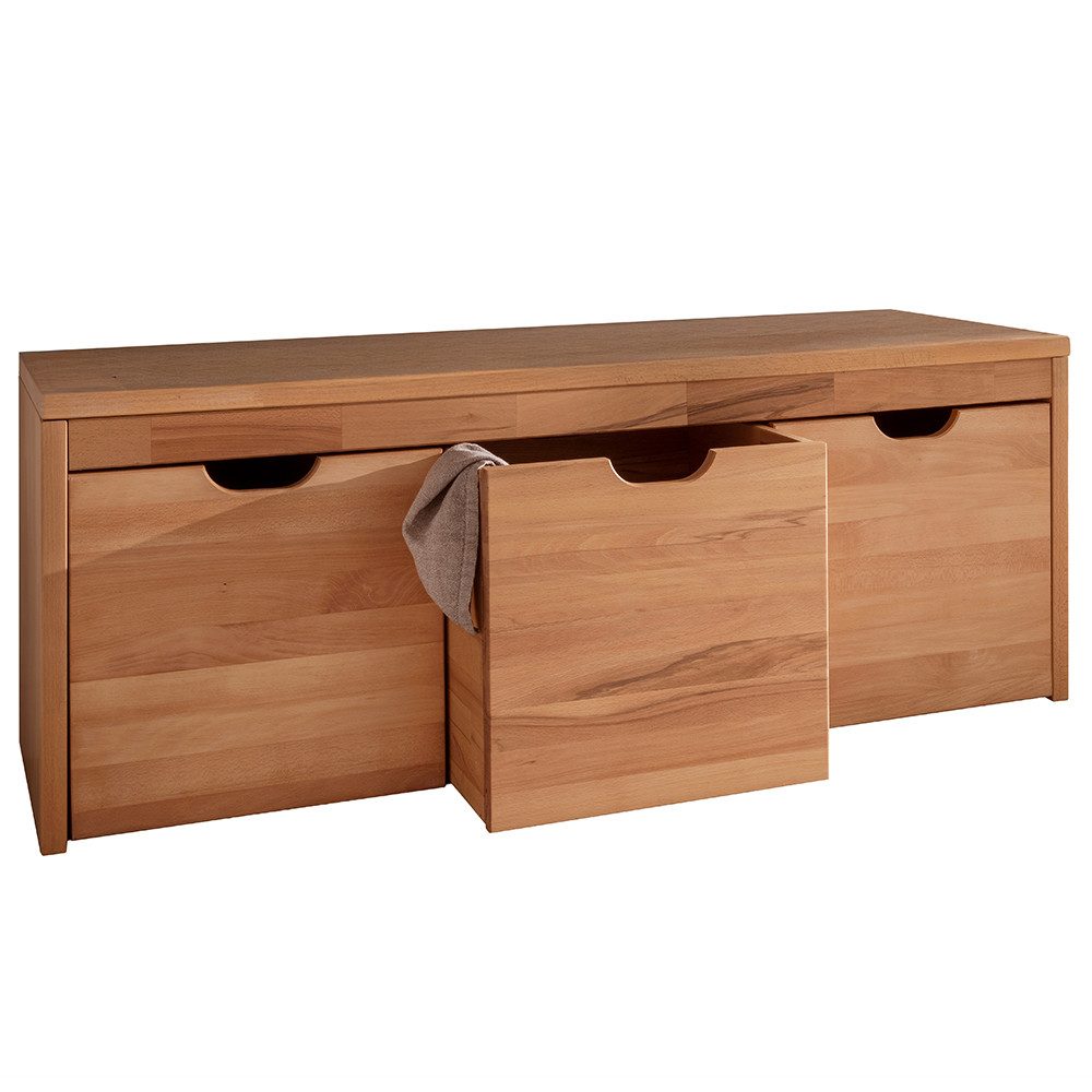 Lomadox Schuhbank CUENCA-137, 120 cm breit, Buche Massivholz, 3 Schubkästen mit Rollen