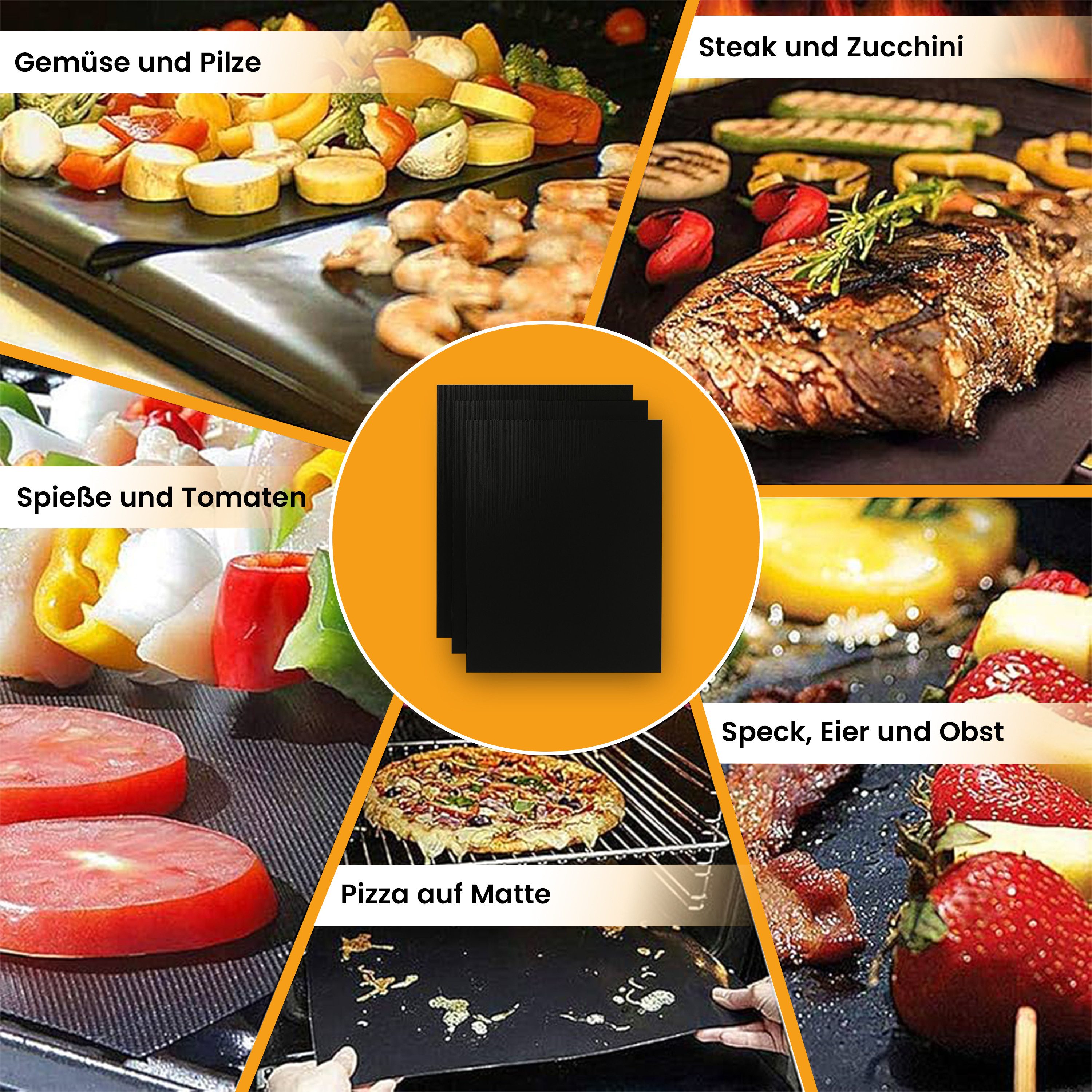 BBQROX Grillplatte [Vergleichssieger 2025] Grillmatte, Grillunterlage, 3er Set