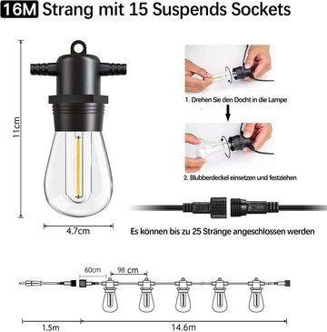 Elegear Lichterkette LED Lichterkette Außen mit S14 Glühbirnen, 16/31M Gartenleuchte, 15-flammig, IP65 für Ostern Deko, Es können bis zu 25 Stränge verbunden werden