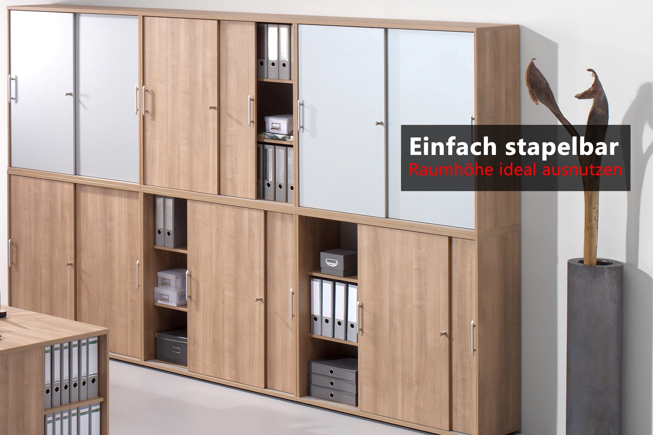 - Schiebetürenschrank Relinggriff Ordnerhöhen Aktenschrank bümö (Kunststoff) Dekor: 3 - office Weiß Griffe: