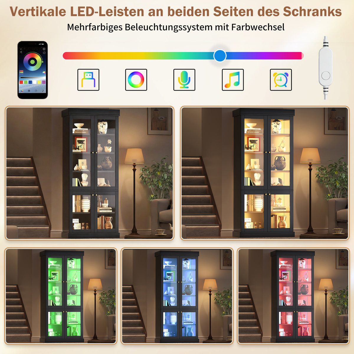 Odikalo Vitrine Vitrineschrank Glasvitrine mit LED (durchdachter Innenaufteilung und Kippschutz, stabil, sicher und vielseitig für Zuhause) 80×40×180cm – Bild 5 von 5