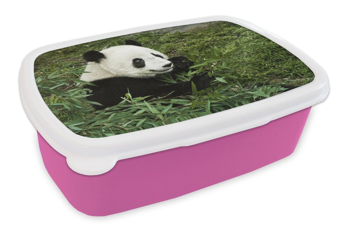 MuchoWow Lunchbox Panda - Bambus Kunststoff für Brotdose Brotbox Kinder, (2-tlg), Kunststoff, Snackbox, - Erwachsene, rosa Mädchen, Pflanze