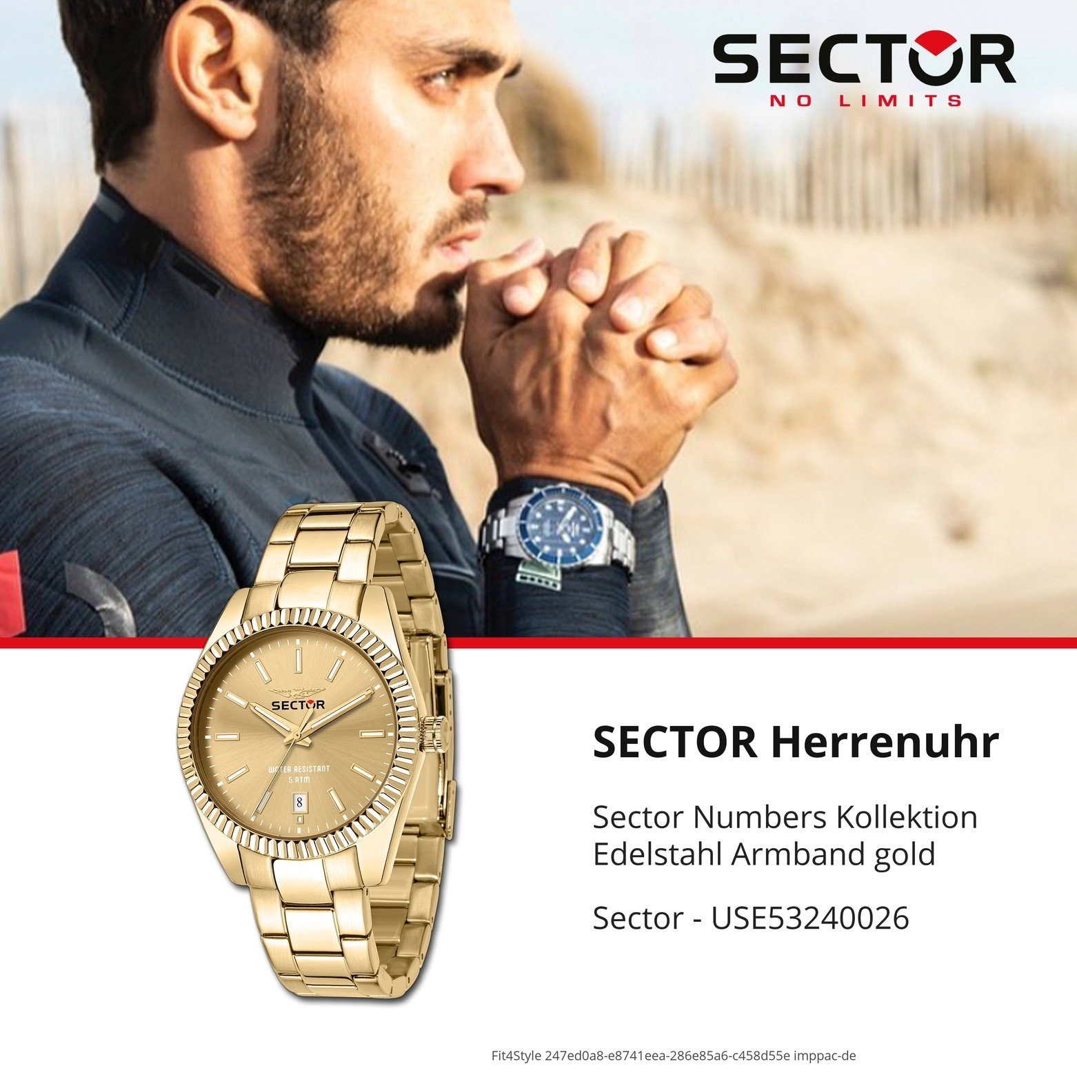 Sector Quarzuhr Sector Herren mittel 32mm), Analog, Herren gold, Armbanduhr (ca. Edelstahlarmband Fash rund, Armbanduhr