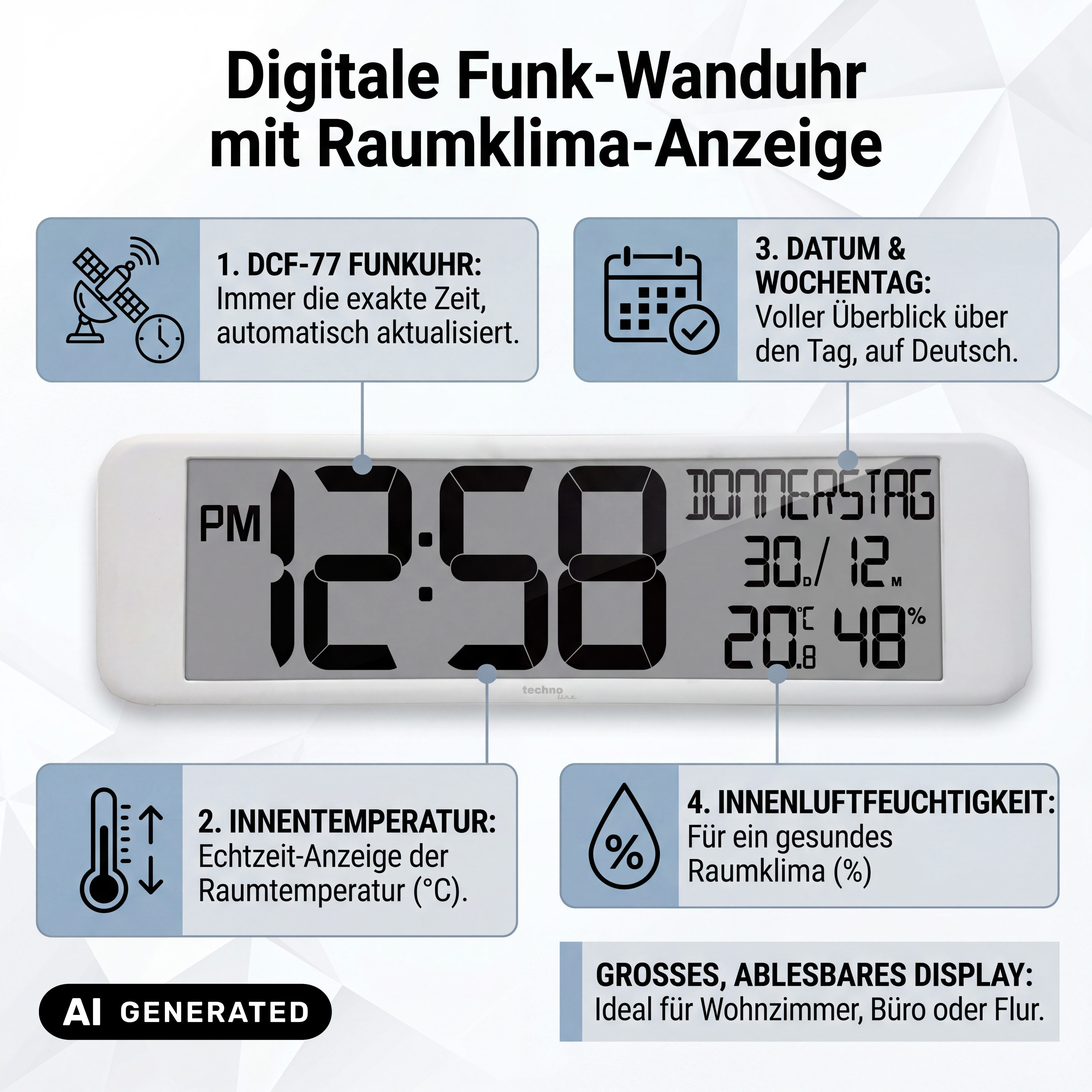 technoline Funkwanduhr WS 8120 (mit Temperatur- und Luftfeuchteanzeige)