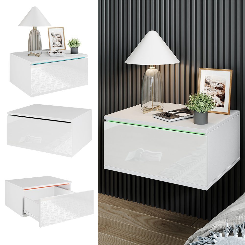 Vicco Nachtschrank Samira, Weiß, 49 x 23 cm Mit LED Beleuchtung (1-St)