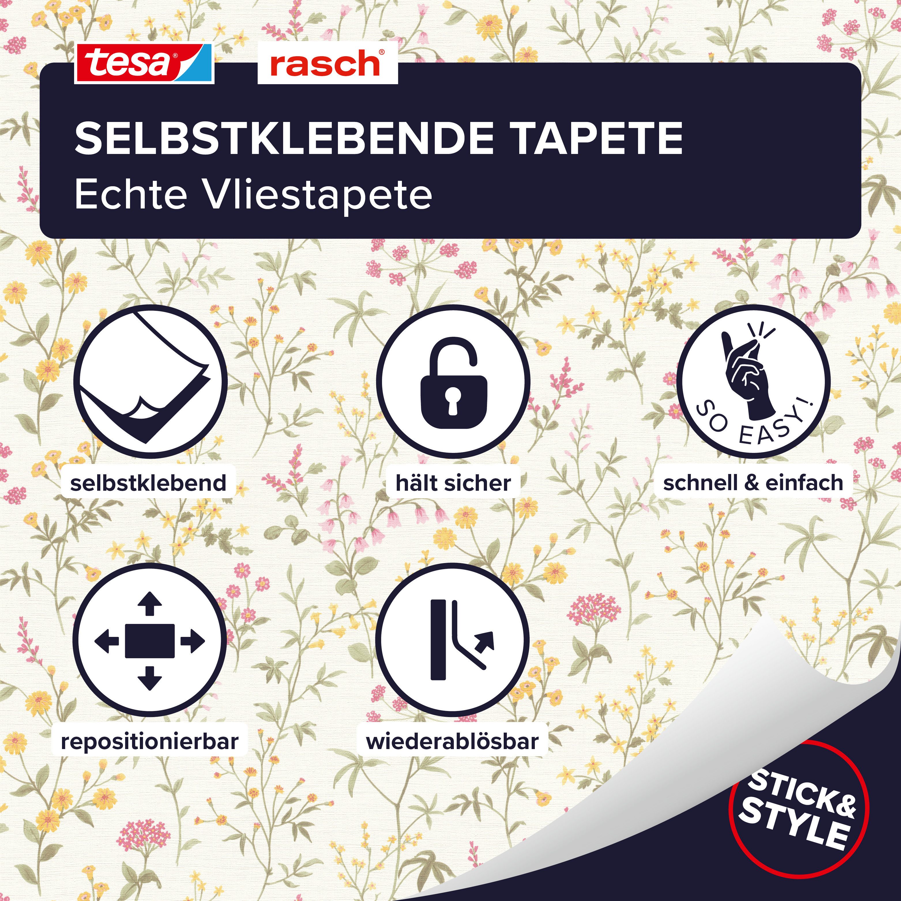 Rasch Vliestapete Daisy - Selbstklebende Tapete Blumen von tesa® x rasch®, strukturiert, floral, geblümt, botanisch, Landhausstil, (1 St), selbstklebend, 6,00m x 0,53m