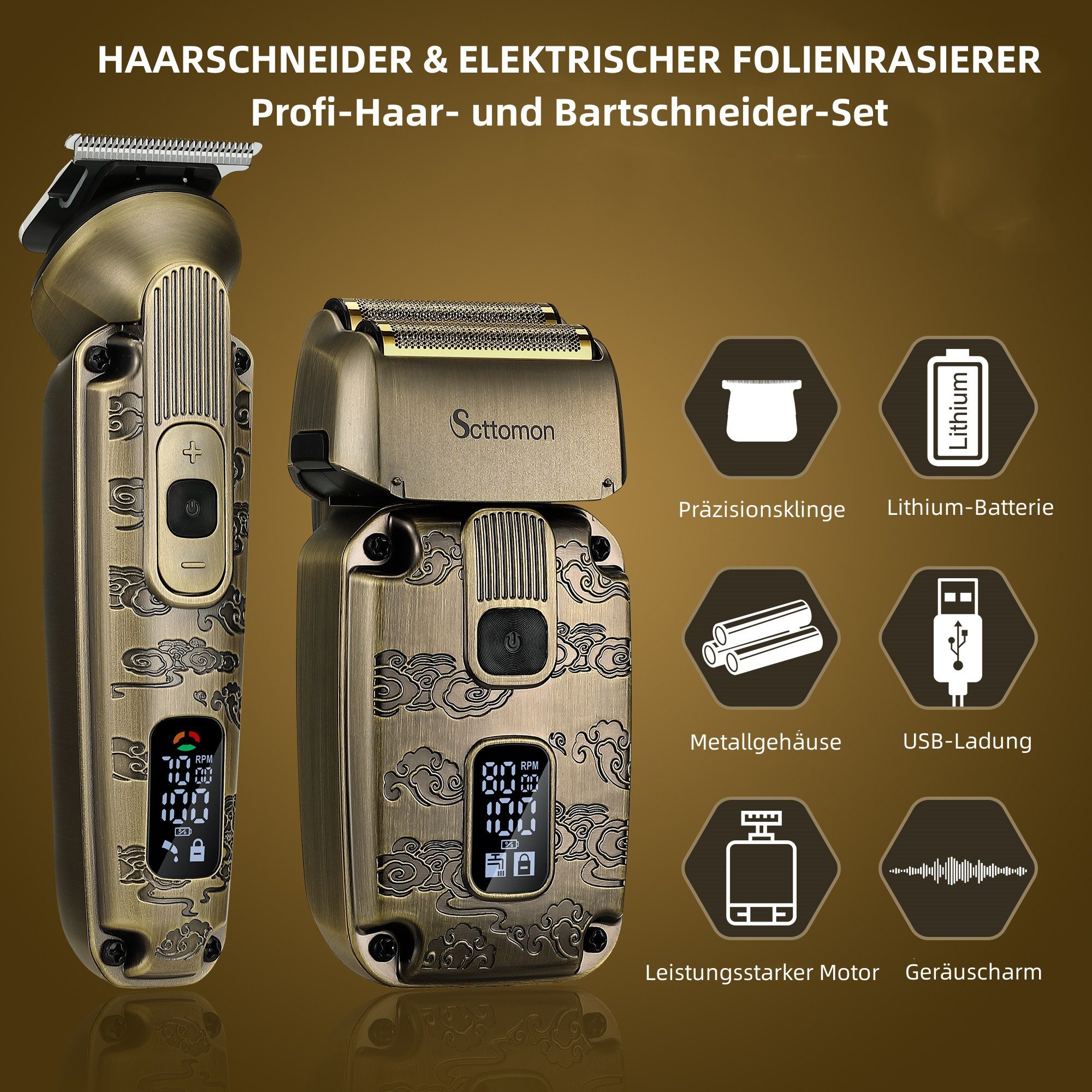 Scttomon Haar- und Bartschneider HT-6080, Haarschneider 4 in 1, Folienrasierer, IPX6 Wasserdicht