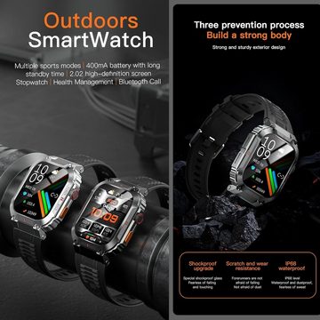 MYSHUN Herren mit Telefonfunktion Touchscreen IP68 Wasserdicht Stahl Sport Smartwatch (2.02 Zoll, Andriod iOS), mit Blutdruckmessung 123 Sportmodi Aktivitätstracker 3 Uhrenarmbänder