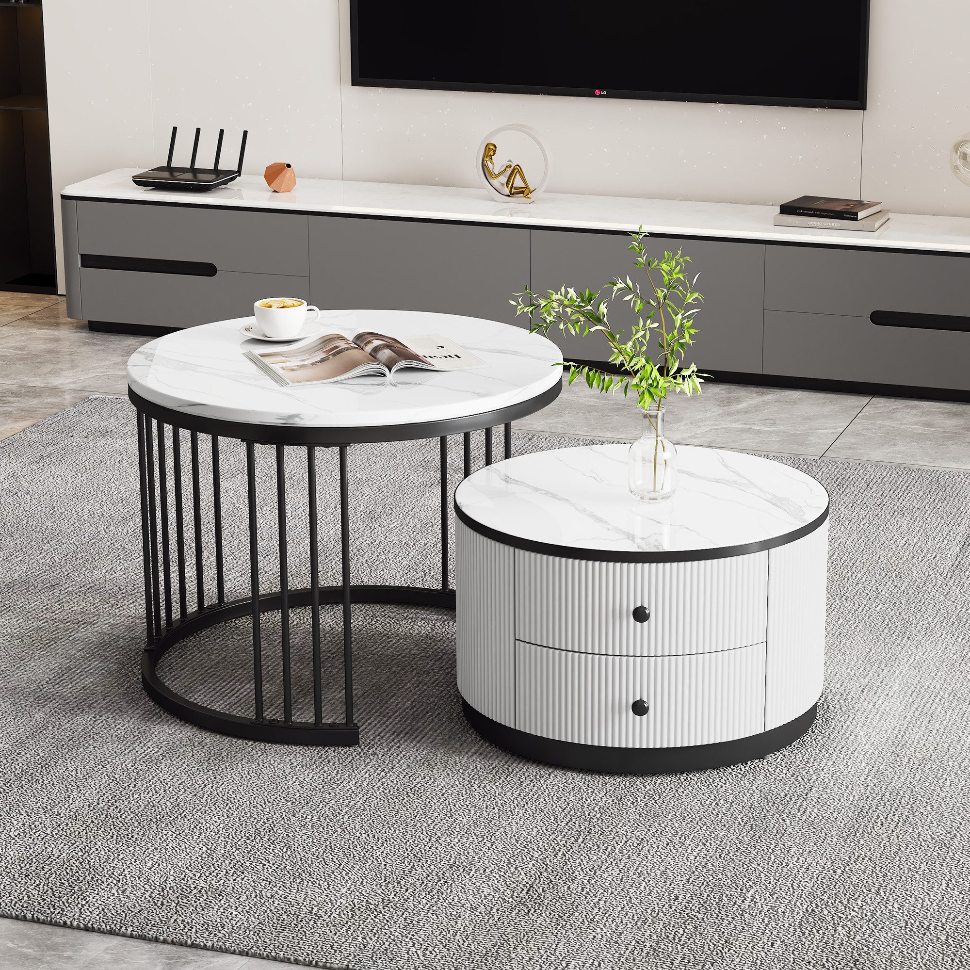Odikalo Couchtisch Wohnzimmertisch-Set Tische Marmoroptik Schubladen günstig online kaufen